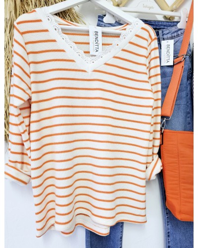 Camiseta Rayas / Puntilla Naranja