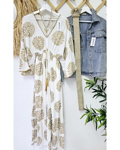 Vestido Boho Estampado Blanco / Dorado