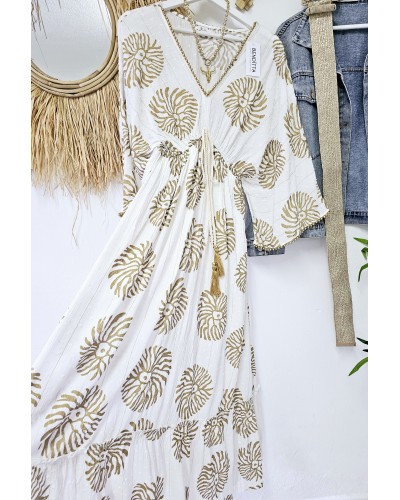 Vestido Boho Estampado Blanco / Dorado