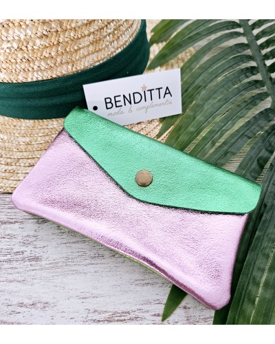 Monedero Piel Metalizada Verde / Rosa