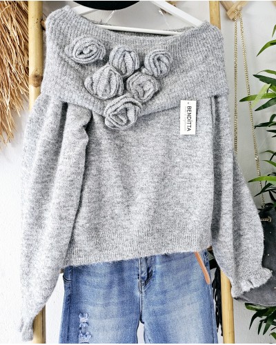 Jersey Bardot Flores Gris