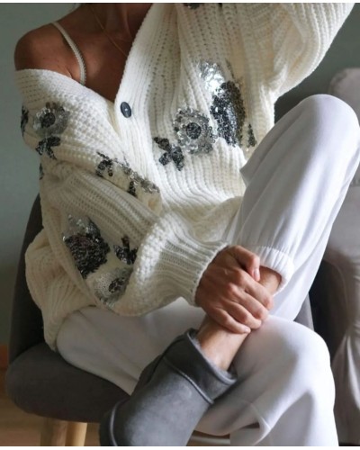 Cardigan Flores Paillettes / Hueso