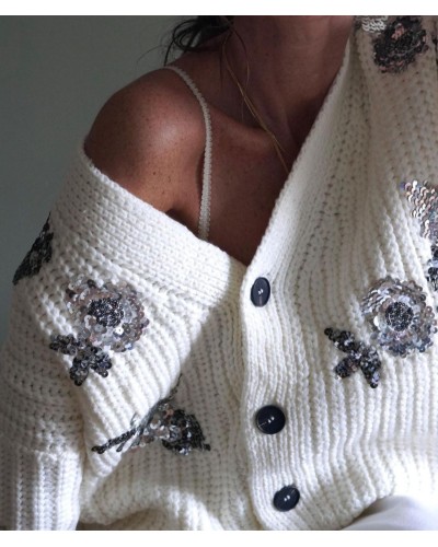 Cardigan Flores Paillettes / Hueso