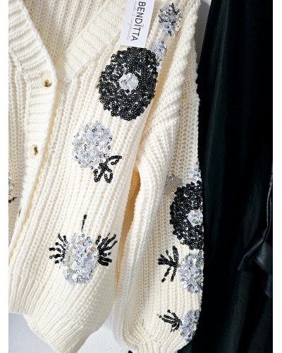 Cardigan Flores Paillettes / Hueso