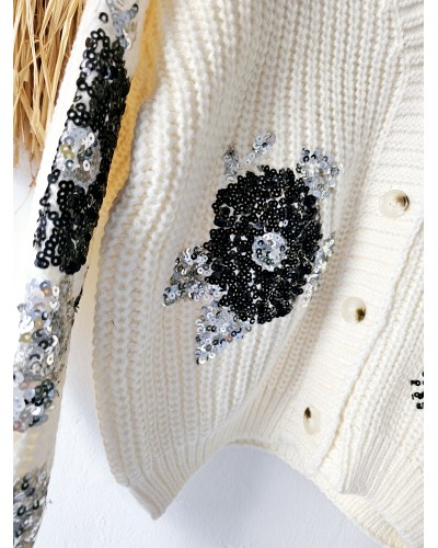 Cardigan Flores Paillettes / Hueso