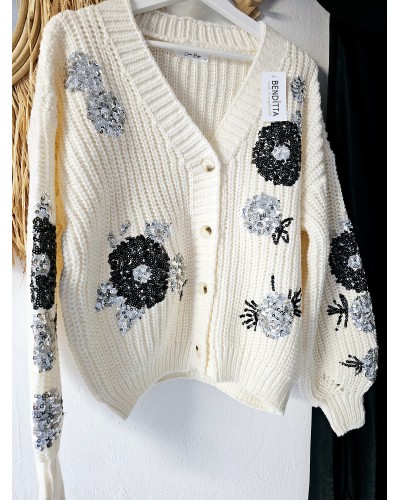 Cardigan Flores Paillettes / Hueso