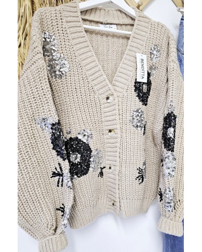 Cardigan Flores Paillettes / Tostado