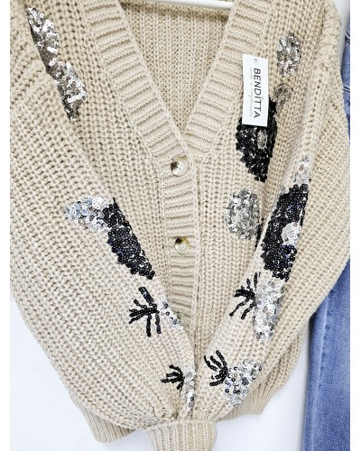 Cardigan Flores Paillettes / Tostado