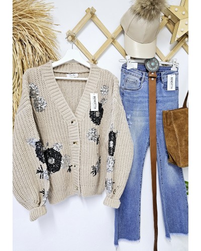 Cardigan Flores Paillettes / Tostado