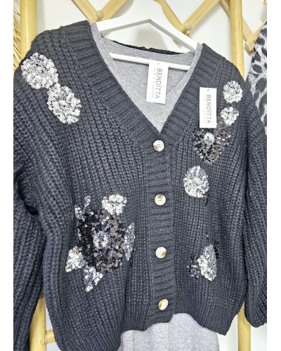 Cardigan Flores Paillettes / Negro