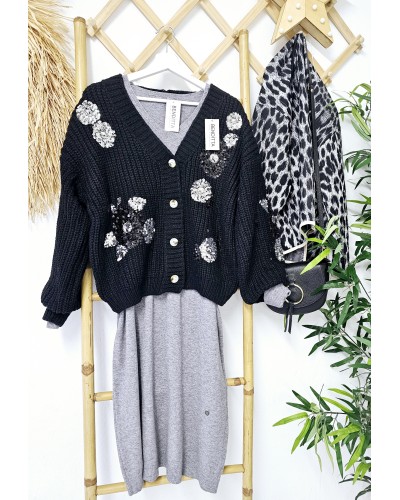 Cardigan Flores Paillettes / Negro