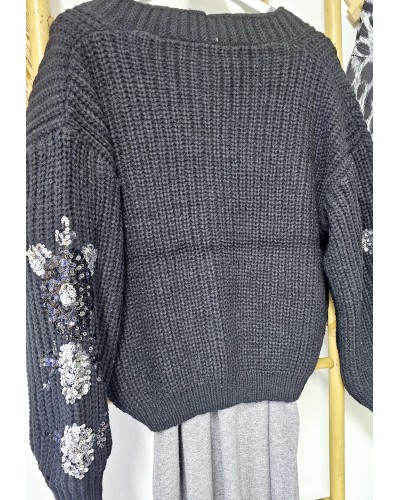 Cardigan Flores Paillettes / Negro