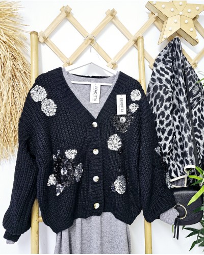 Cardigan Flores Paillettes / Negro