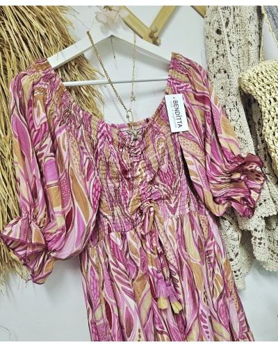 Vestido Seda / Nido de Abeja Rosa