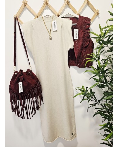 Vestido Punto / Hombreras Beige
