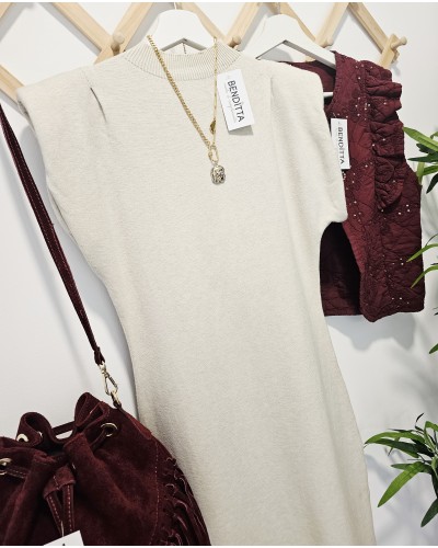 Vestido Punto / Hombreras Beige