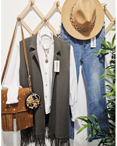 Chaleco Punto / Flecos Verde Caqui