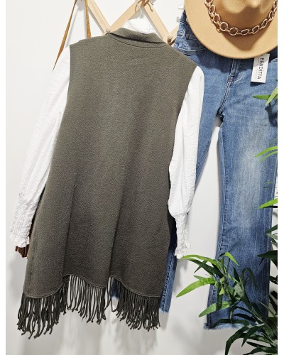 Chaleco Punto / Flecos Verde Caqui