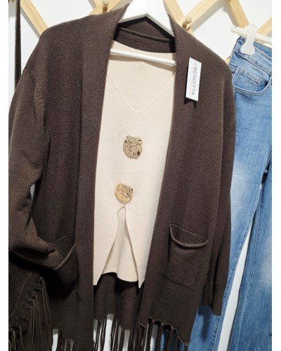 Chaqueta Bolsillos / Flecos Marrón Chocolate