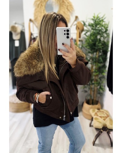 Cazadora Efecto Ante / Pelo Marrón Chocolate