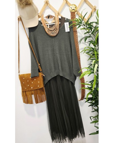 Vestido Tul + Jersey Verde Oliva