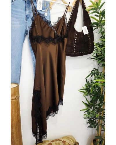Vestido Asimétrico / Encaje Marrón