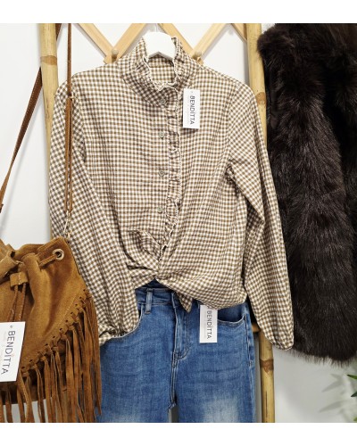 Blusa Cuello Mao / Vichy Camel