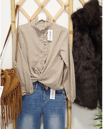 Blusa Cuello Mao / Vichy Camel