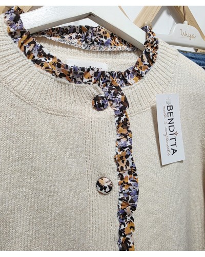 Cardigan Hueso / Ribete Floral