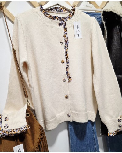 Cardigan Hueso / Ribete Floral