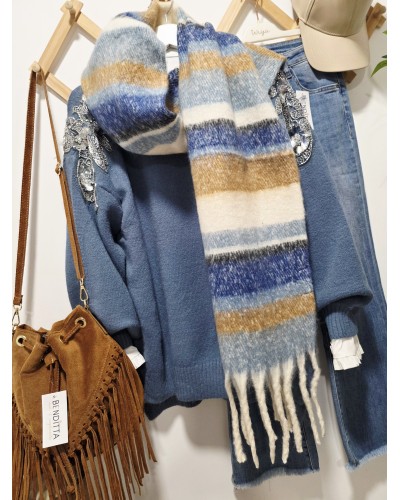 Maxi Bufanda Flecos / Rayas Azul