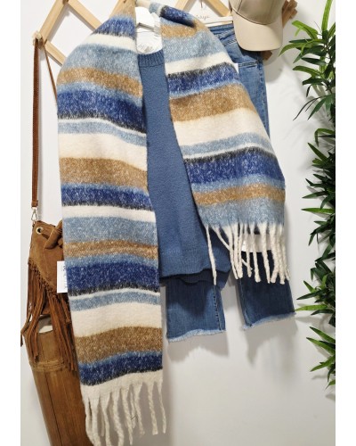 Maxi Bufanda Flecos / Rayas Azul