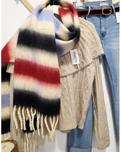 Maxi Bufanda Flecos / Rayas Burdeos