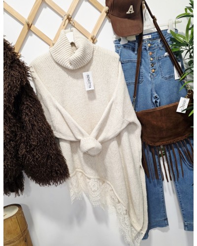 Maxi Jersey Cuello Vuelto / Puntilla Beige