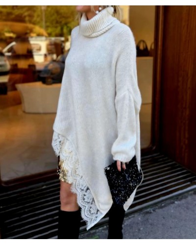 Maxi Jersey Cuello Vuelto / Puntilla Beige