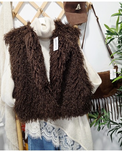 Chaleco Efecto Pelo Largo / Chocolate