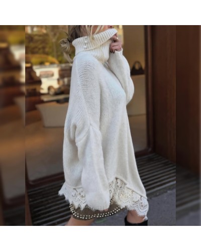 Maxi Jersey Cuello Vuelto / Puntilla Beige