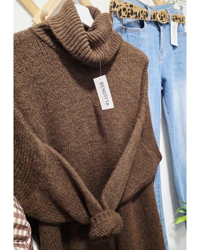 Maxi Jersey Cuello Vuelto / Puntilla Marrón