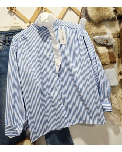 Blusa Cuello Mao / Rayas Azul