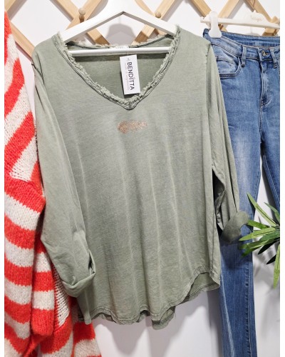 Camiseta Algodón / Raspa Verde Caqui