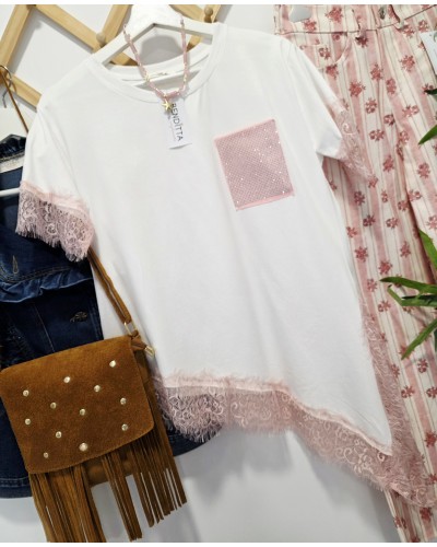 Camiseta Bolsillo Brillo / Puntilla Rosa