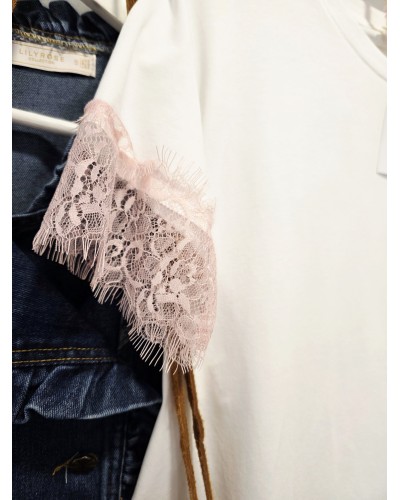 Camiseta Bolsillo Brillo / Puntilla Rosa