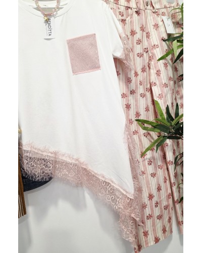 Camiseta Bolsillo Brillo / Puntilla Rosa