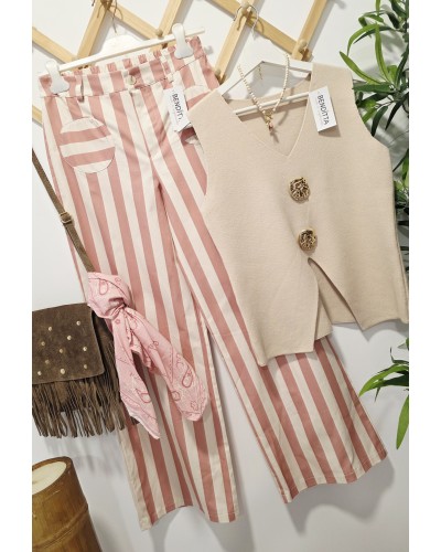 Jeans Rayas / Bolsillo Redondo Rosa