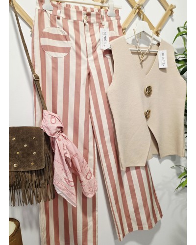 Jeans Rayas / Bolsillo Redondo Rosa
