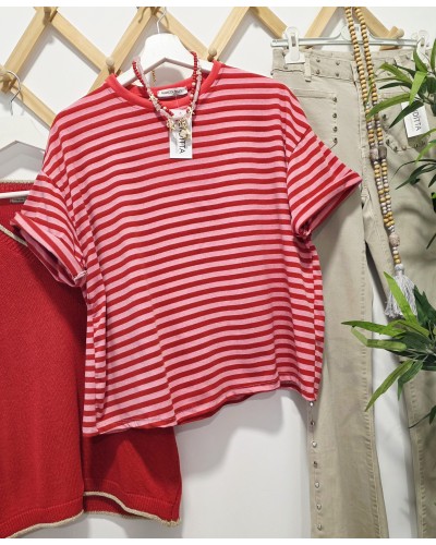 Camiseta Ribete Rosa / Rojo