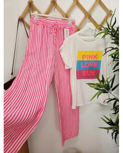 Pantalón Ancho Rayas / Rosa Flúor