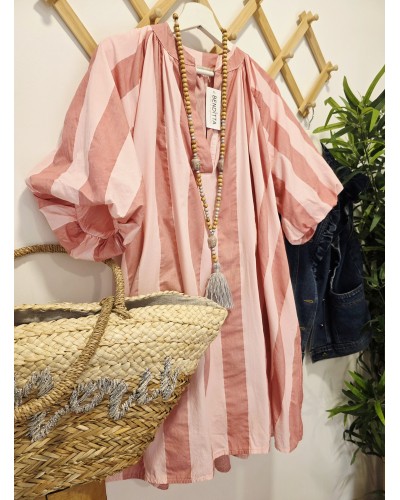 Vestido Manga Globo / Rayas Rosa
